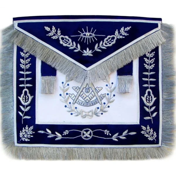 Past Master Blue Lodge Apron - Hand Embroidered Vinework & Silver Fringe Tassels Past Master Blue Lodge Apron - Hand Embroidered Vinework & Silver Fringe Tassels