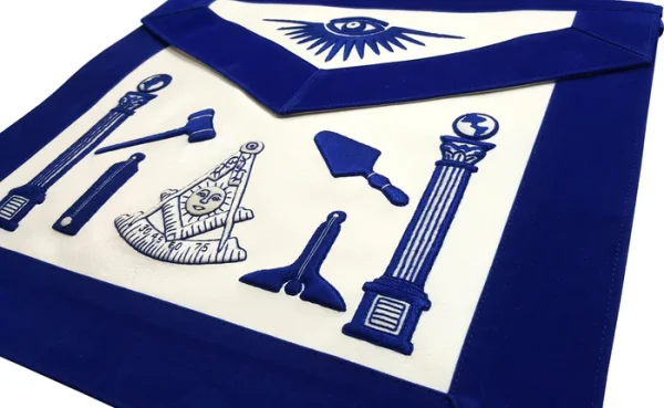 Past Master Blue Lodge Apron - Hand Embroidered with White Silk Threads 1 Past Master Blue Lodge Apron - Hand Embroidered with White Silk Threads