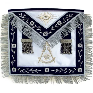 Home 74 Past Master Blue Lodge Apron - Navy Blue with Hand Embroidered Vinework & Silver Fringe