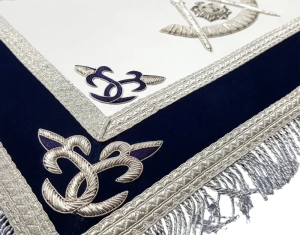Past Master Blue Lodge Apron - Silver Bullion Hand Embroidery with Fringe 1 Past Master Blue Lodge Apron - Silver Bullion Hand Embroidery with Fringe