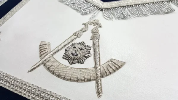 Past Master Blue Lodge Apron - Silver Bullion Hand Embroidery with Fringe 2 Past Master Blue Lodge Apron - Silver Bullion Hand Embroidery with Fringe