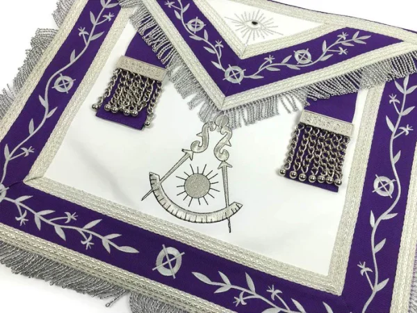 Past Master Blue Lodge Apron - White & Purple with Silver Machine Embroidery 1 Past Master Blue Lodge Apron - White & Purple with Silver Machine Embroidery