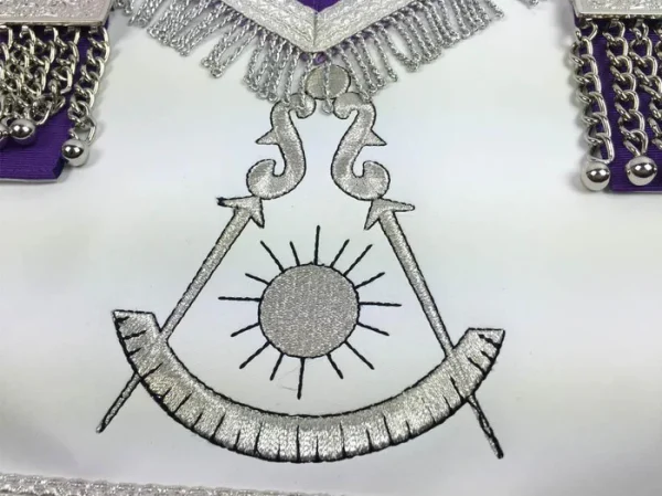 Past Master Blue Lodge Apron - White & Purple with Silver Machine Embroidery 3 Past Master Blue Lodge Apron - White & Purple with Silver Machine Embroidery