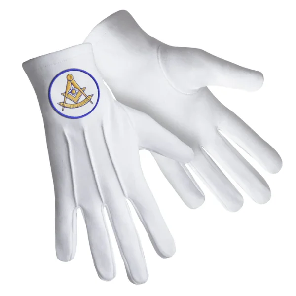 Past Master Blue Lodge California Regulation Gloves - Cotton with White Patch with Blue Borders 2 Past Master Blue Lodge California Regulation Gloves - Cotton with White Patch with Blue Borders Front and Back