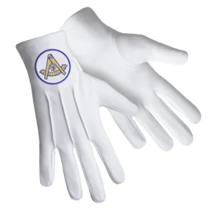 Past Master Blue Lodge California Regulation Gloves - Pure Cotton with Gold Emblem with Blue Borders Front and Back