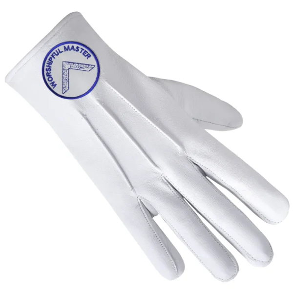 Worshipful Master Blue Lodge Gloves - White Leather with Round Patch Front