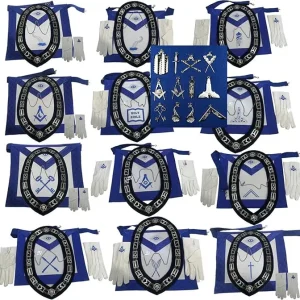 Masonic Blue Lodge Officer Regalia Set - 12 Aprons, 12 Chain Collars, 12 Jewels, 12 Gloves (12x4 Lot)