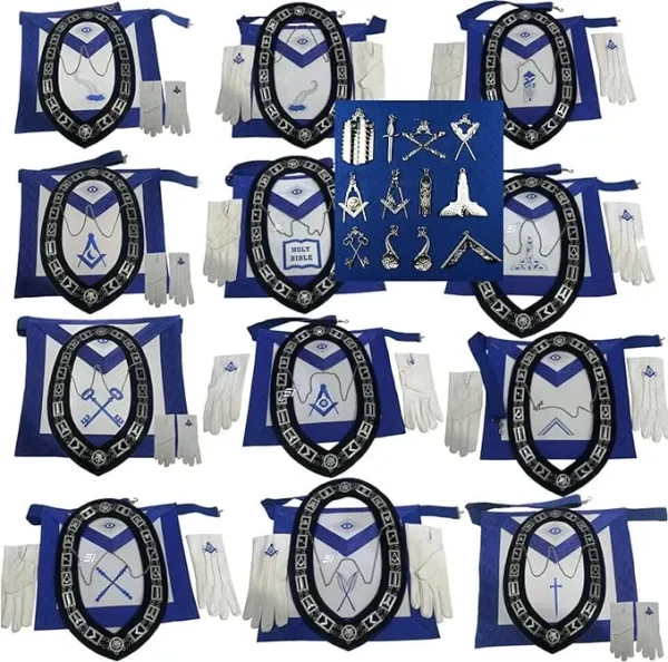 Masonic Blue Lodge Officer Regalia Set - 12 Aprons, 12 Chain Collars, 12 Jewels, 12 Gloves (12x4 Lot)