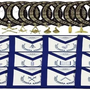 Masonic Blue Lodge Officers Apron Set - 12 Aprons with Blue Backing Chain Collar