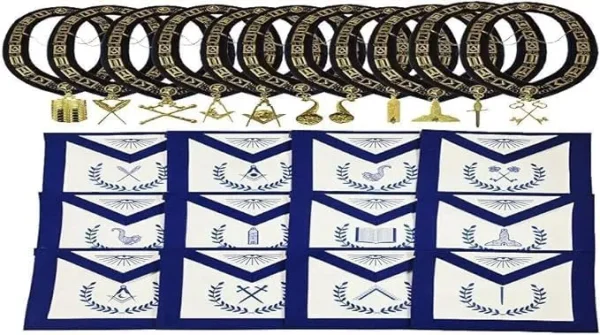 Masonic Blue Lodge Officers Apron Set - 12 Aprons with Blue Backing Chain Collar