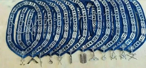 Masonic Blue Lodge Officer Regalia Set - 12 Aprons, 12 Chain Collars, 12 Jewels, 12 Gloves (12x4 Lot)