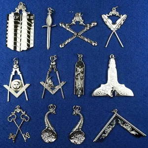 Masonic Blue Lodge Officer Regalia Set - 12 Aprons, 12 Chain Collars, 12 Jewels, 12 Gloves (12x4 Lot)