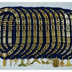 Masonic Regalia Blue Lodge Chain Collar Set - Golden Officer Jewels (12 Pcs)