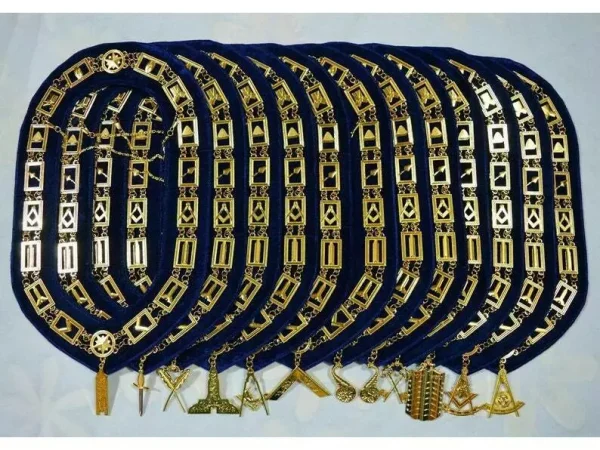 Masonic Regalia Blue Lodge Chain Collar Set - Golden Officer Jewels (12 Pcs)