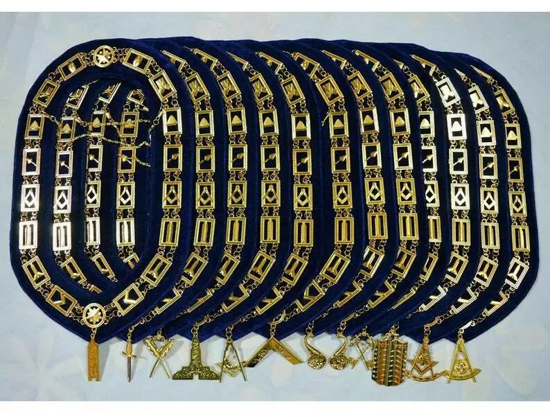 Masonic Regalia Blue Lodge Chain Collar Set – Golden Officer Jewels (12 Pcs)