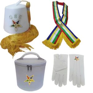 Masonic OES Fez Set - Pure White with Rhinestones, Gloves, Case, and Sash